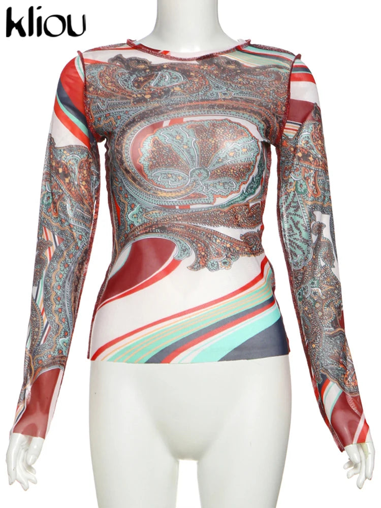 kliou Mesh Festival Printed Women T-shirts Autumn Hipster New Full Sleeve O-neck Skinny Crop Tees Female Thin Wild Streetwear