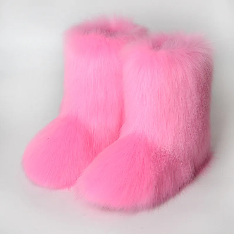 New Winter Fur Onepiece Raccoon Fur Female Snow Boots Fur Shoes Outdoor Mid Leg Boots