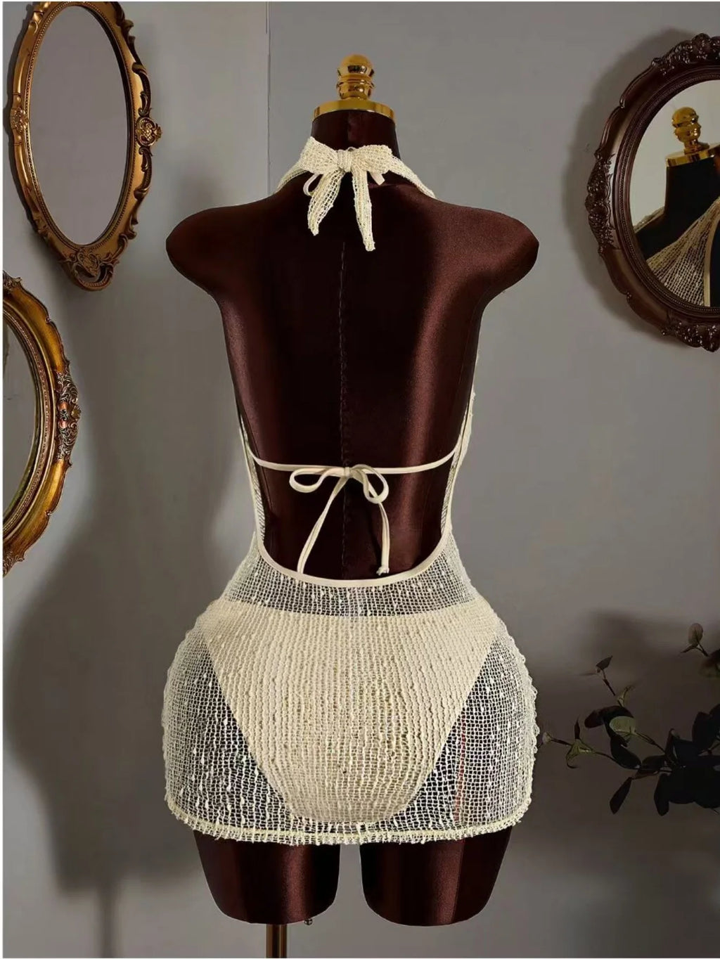 Sexy Mesh Dress 3 Piece Bikini Set 2026 Women Beige Push Up Bra Thong Swimsuit Summer Bathing Suit Holiday Swimwear Biquini