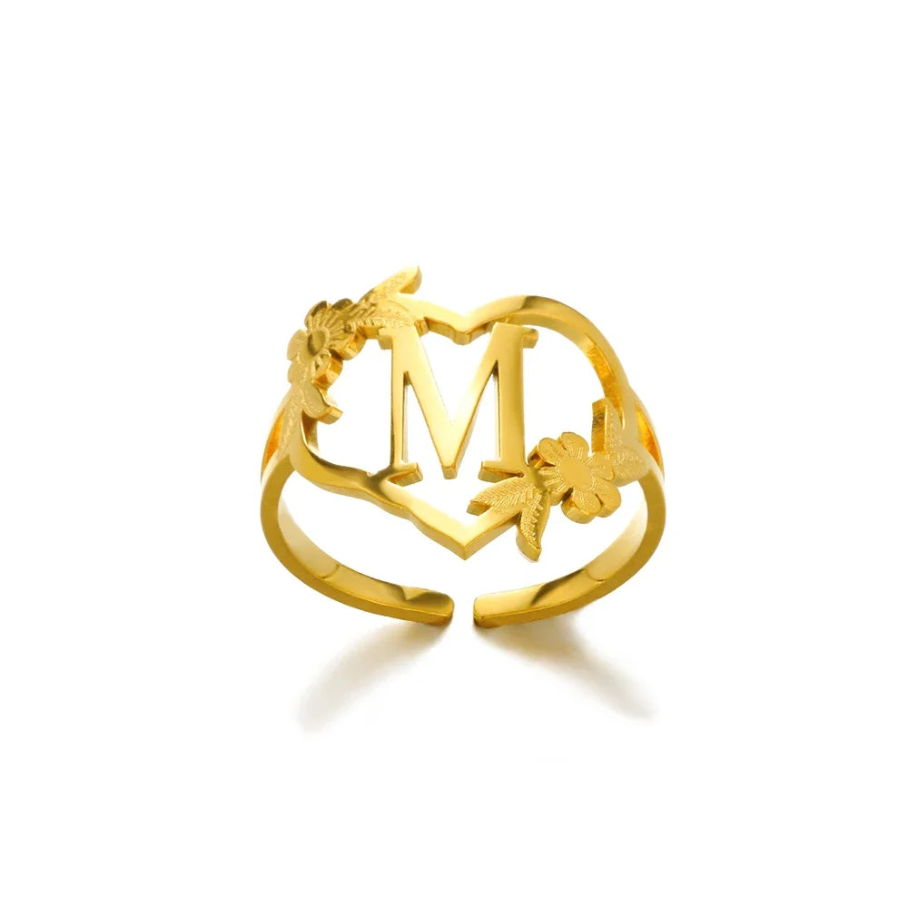 Stainless Steel Gold Color Heart A-Z Letter Rings For Women Anillos Mujer Love Open Initials Name Alphabet Ring Jewelry Gift