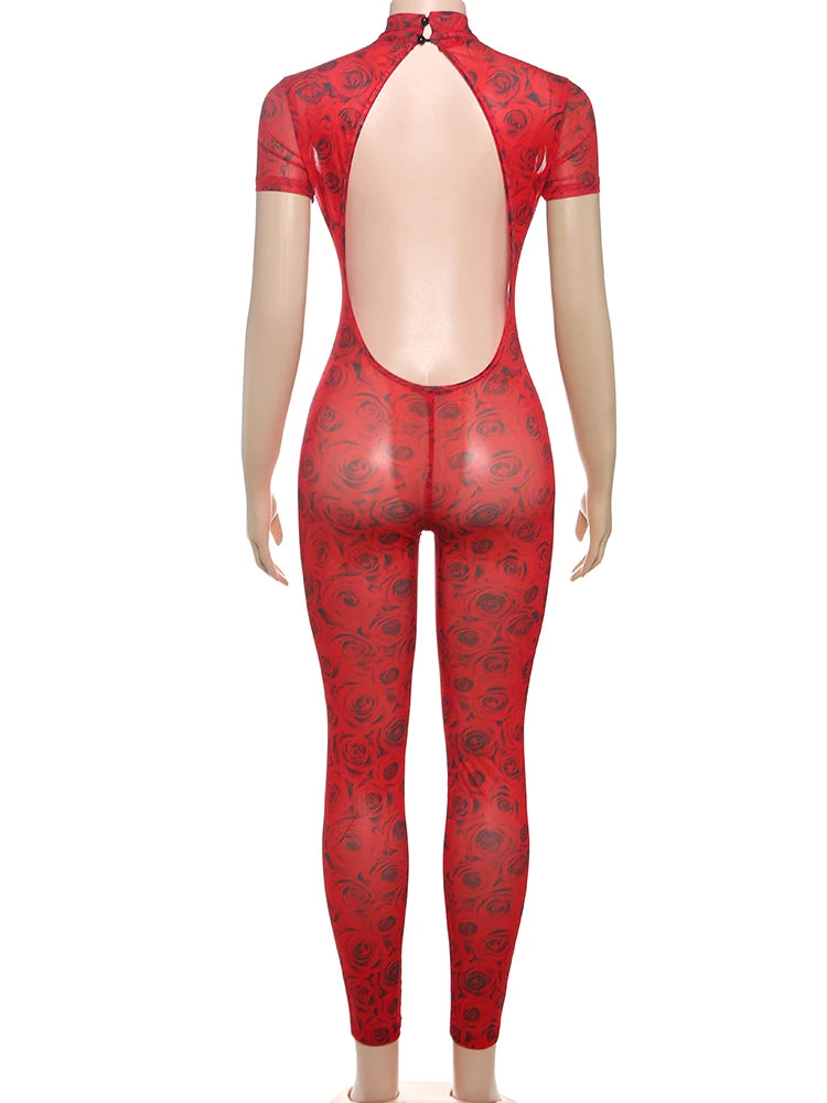 kliou Aesthetic Printed Women Jumpsuits Fashion Sexy Panelled Short Sleeve Backless Stand Collar Slim Overalls Mujer Clubwear