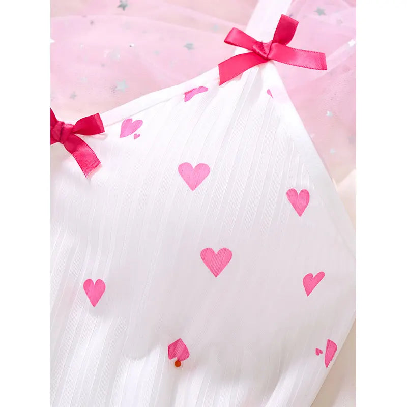 1 Set Of V-neck Women's Lingerie Sexy Suit Soft Bra Nightgown With Thong Intimates Underwear Heart Print Bras Briefs Night Dress