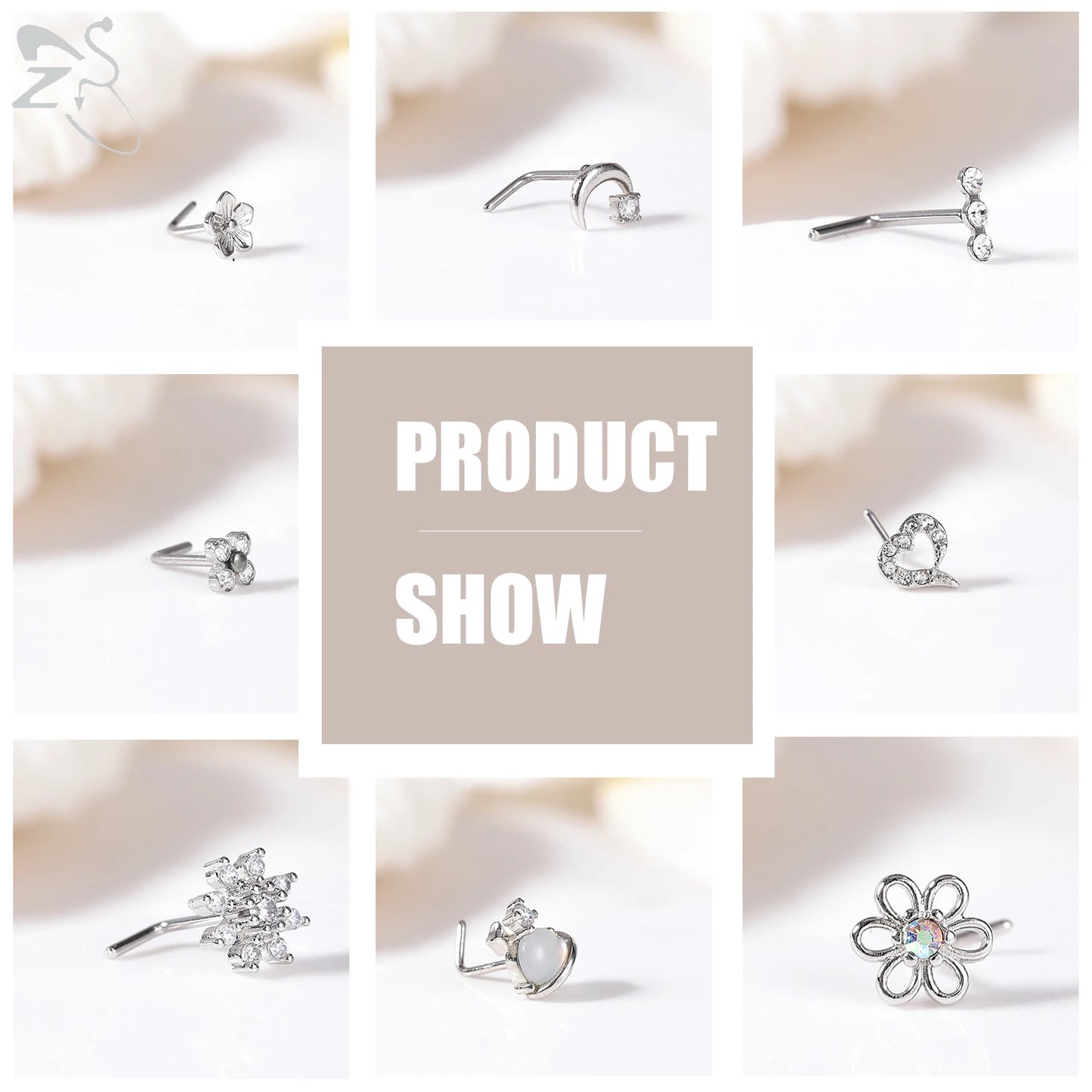 ZS 3pcs/lot 20G Stainless Steel Nose Stud Set Moon Heart Butterfly Crystal Nose Piercing Screw L Shape Nostril Piercing Jewelry