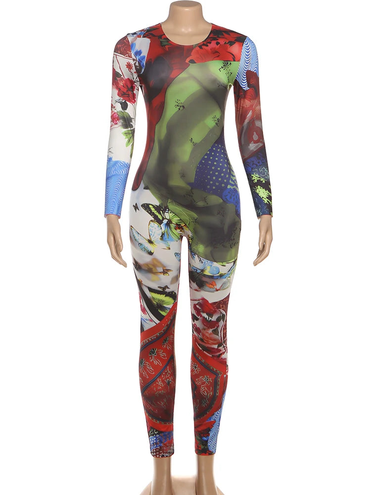 Weird Puss Colorful Print Jumpsuits Woman Fitness Casual Trend O-Neck Skinny Activity Streetwear Fall Stretch Hipster Overalls