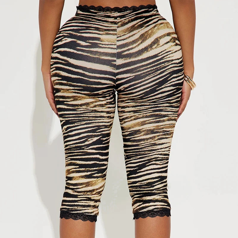 CUTENOVA Sexy Hottie Lace Edge Bow Decoration Leopard Print Slim Seven Pants Summer New Women'S Fashion Street Casual Seven Pant