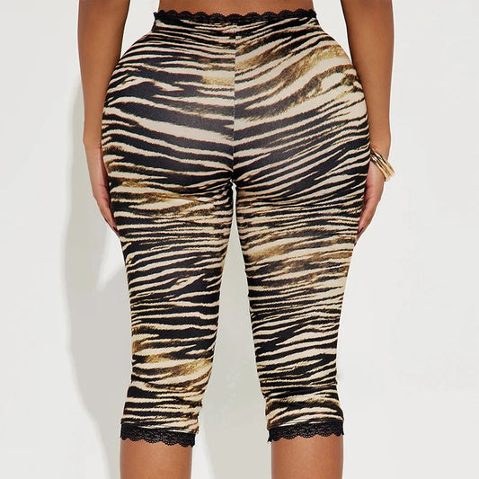CUTENOVA Sexy Hottie Lace Edge Bow Decoration Leopard Print Slim Seven Pants Summer New Women'S Fashion Street Casual Seven Pant