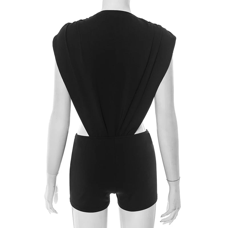 Nibber Stretch Coquette Women 2 Piece Set hipster Sexy Ruched Shoulder Side Split Bodysuit+Shorts Matching Midnight Clubwear