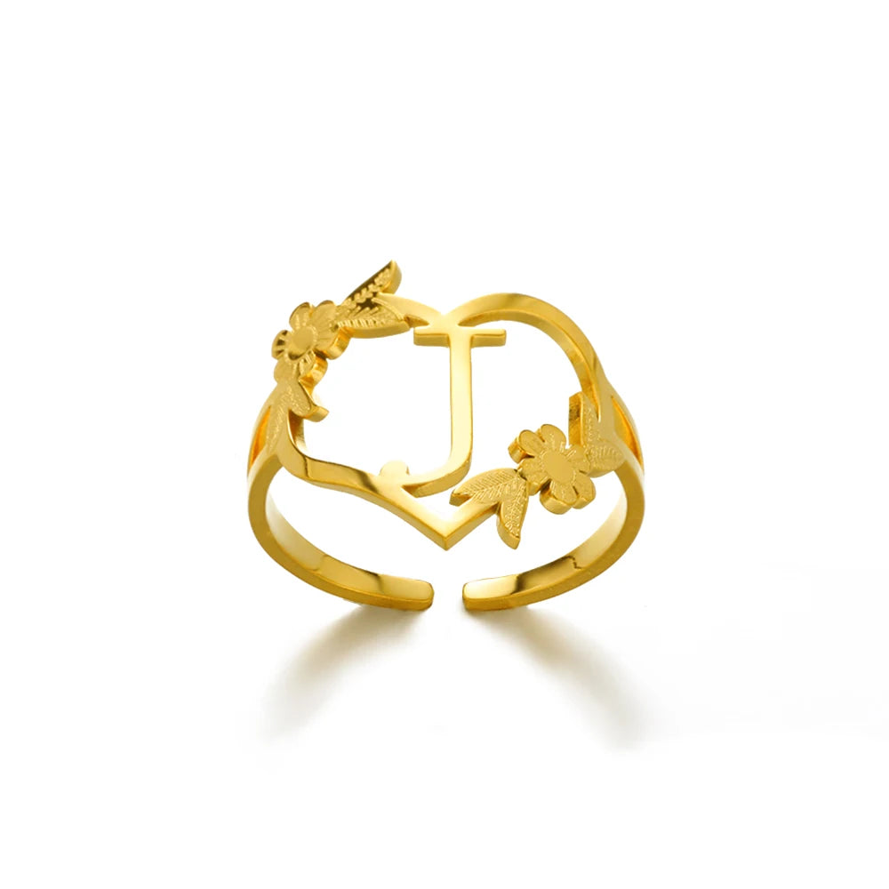 Stainless Steel Gold Color Heart A-Z Letter Rings For Women Anillos Mujer Love Open Initials Name Alphabet Ring Jewelry Gift