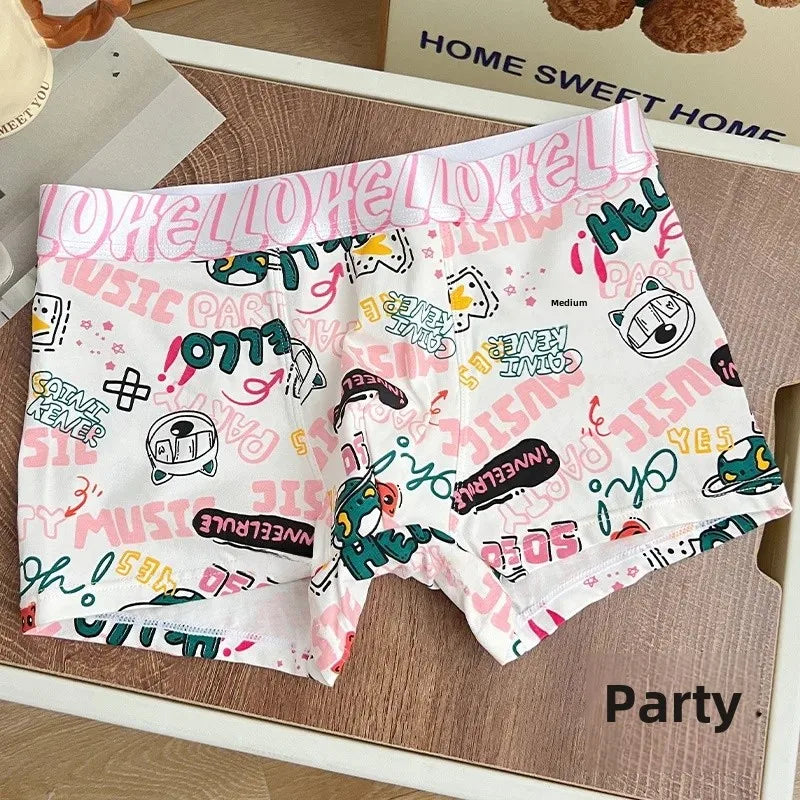 Trendy Pink Cotton Boxer Shorts for Men Cute Cartoon Design Bagged Four Corner Briefs Comfortable Breathable Men's Underwear