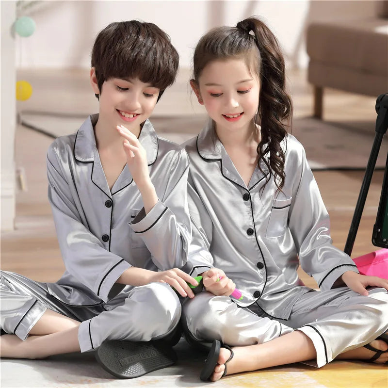 Children's Clothing Teen Girl Pink Satin Pajamas Long Sleeve Kids Homewear Clothes Boys Solid Nightshirt Silk Pijamas Baby Pjs