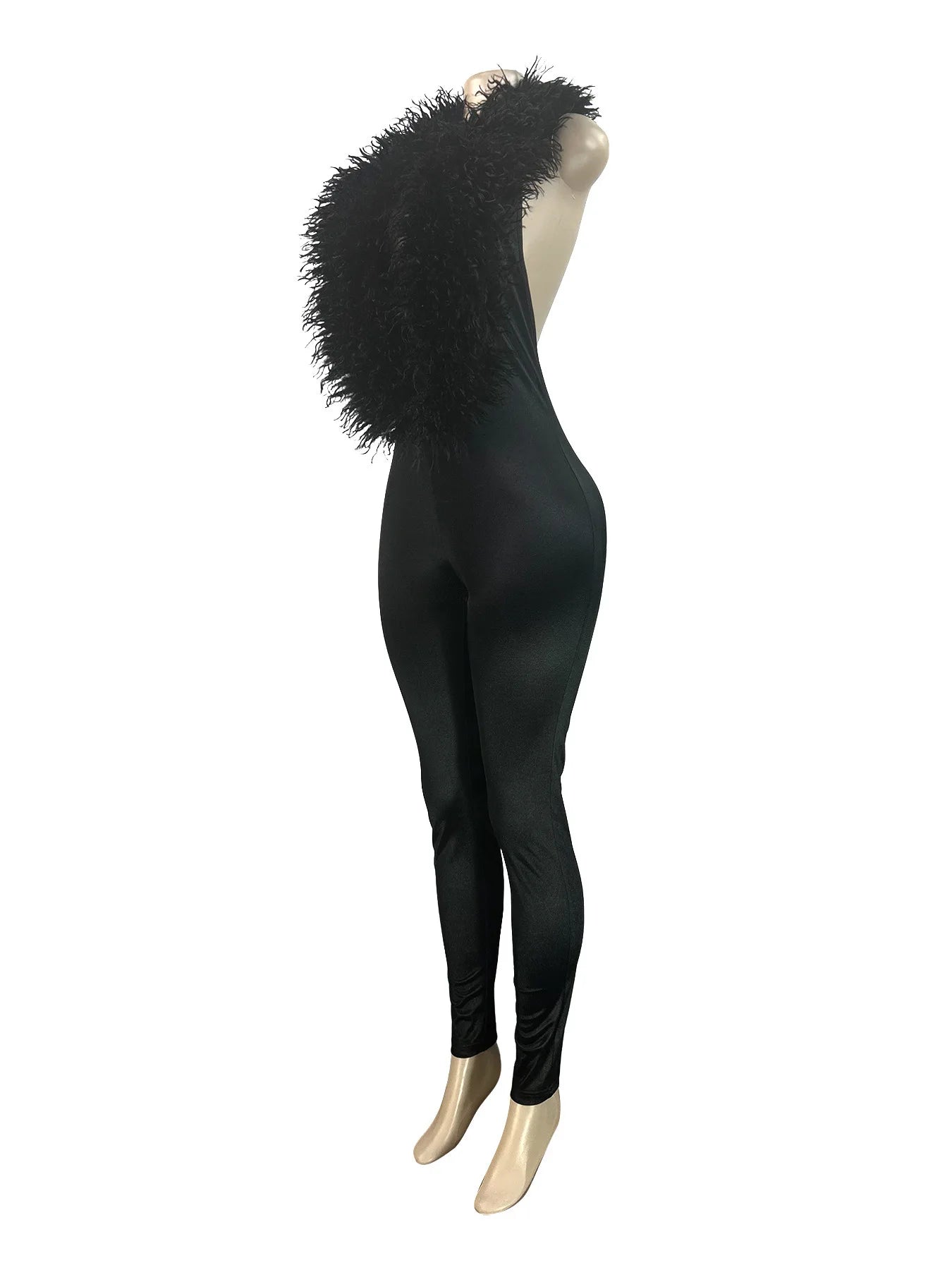 FAGADOER Winter New Sexy Fur Patchwork Bodycon Jumpsuits Woman Halter Deep V-neck Sleeveless Rompers Female Streetwear Overalls
