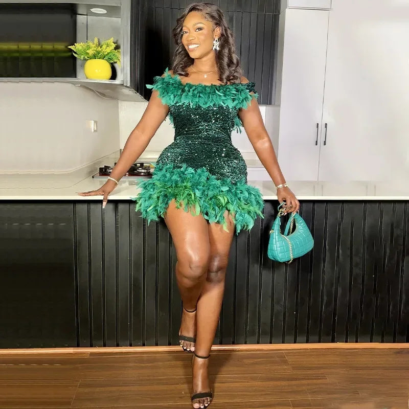 Spring And Summer Women's Clothing MINI Short Solid Color New Wind Sequins Halter Beach Dress One-word Shoulder Feathers Spice G