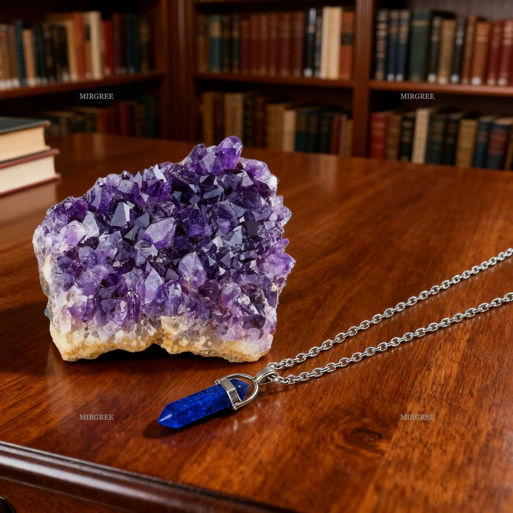 2pcs Natural Amethyst Clusters and Lapis Lazuli Necklace Set,home Decor Healing Crystals,spiritual Gifts for Crystal Enthusiasts