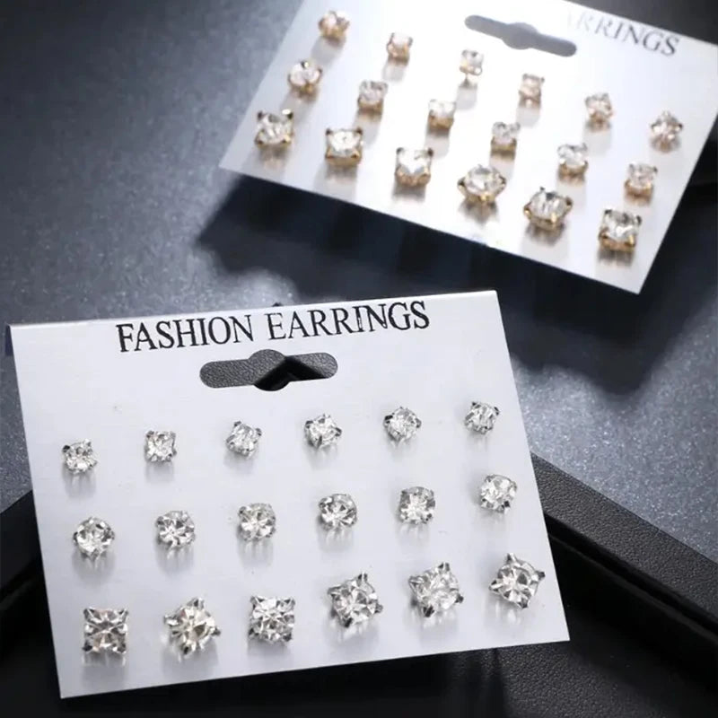 9-Pairs Sparkling Classic Stud Earrings Set for Women，Rhinestone Studded, Perfect for Everyday Wear and Festive Celebrations