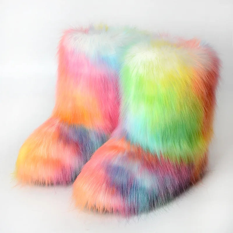 New Winter Fur Onepiece Raccoon Fur Female Snow Boots Fur Shoes Outdoor Mid Leg Boots