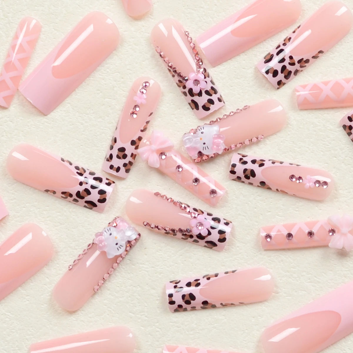 24Pcs Long Ballet Shape Nail Pink Leopard French Nail Art Patch Stereo Bow Pink Five-Petal Flower Ballet Style Fake Nail