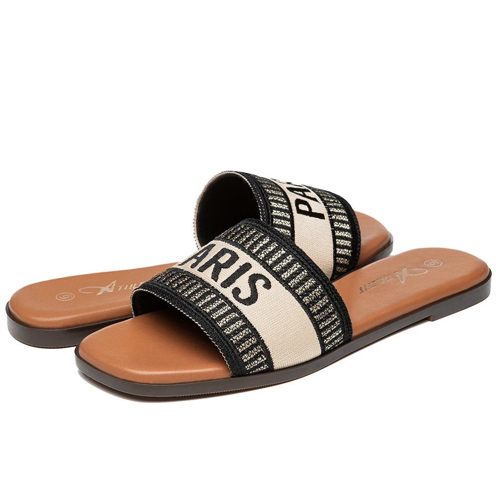Summer Women Letter Flat Sandals Casual Comfortable Slip Slide 2024 Fashion Vintage Slippers Shoes Classic New