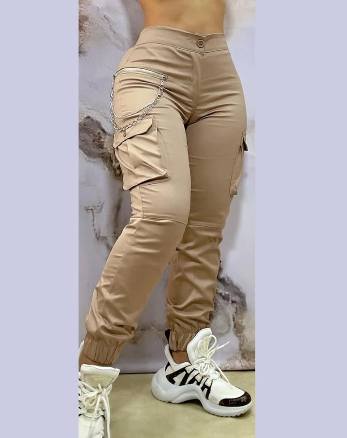 Women's Pants 2024 Autumn Winter Fashion Casual Work Pants Chain Decor Pocket Design Cuffed Cargo Pants Shipped Within 48 Hours