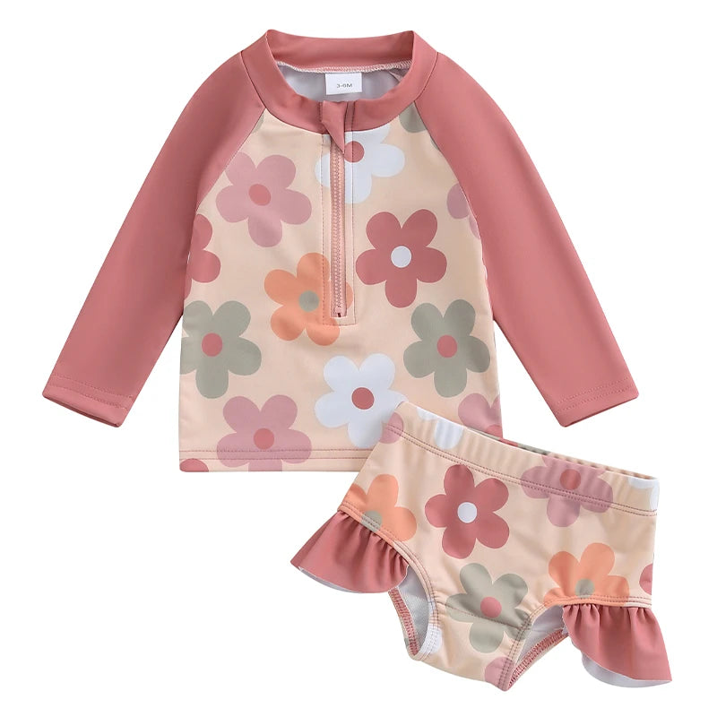 Baby Girls Bathing Suit Set Floral Long Sleeve Back Zip Up Rash Guard Swimsuit + Swim Shorts Infant Toddler Child Beachwear