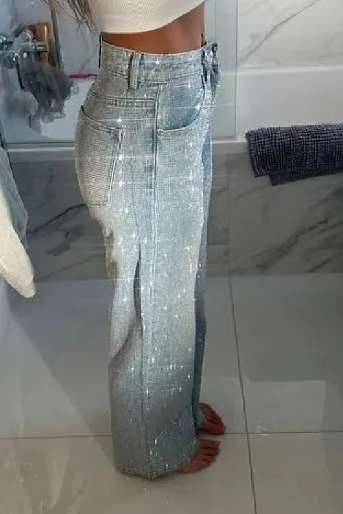 Jeans for Women Straight Diamonds Pants Stretch High Waist Washed Mom Jeans Vintage Denims Streetwear Y2k Streetwear Trousers