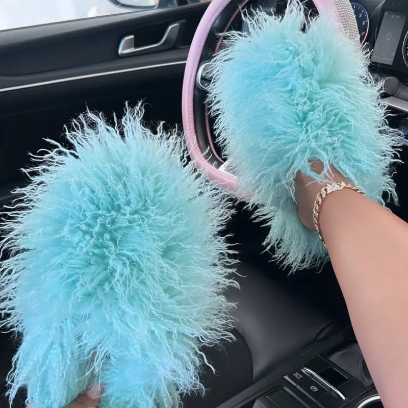 Women Summer Luxury Fluffy Faux Fur Slides Amazing Fur Sandals