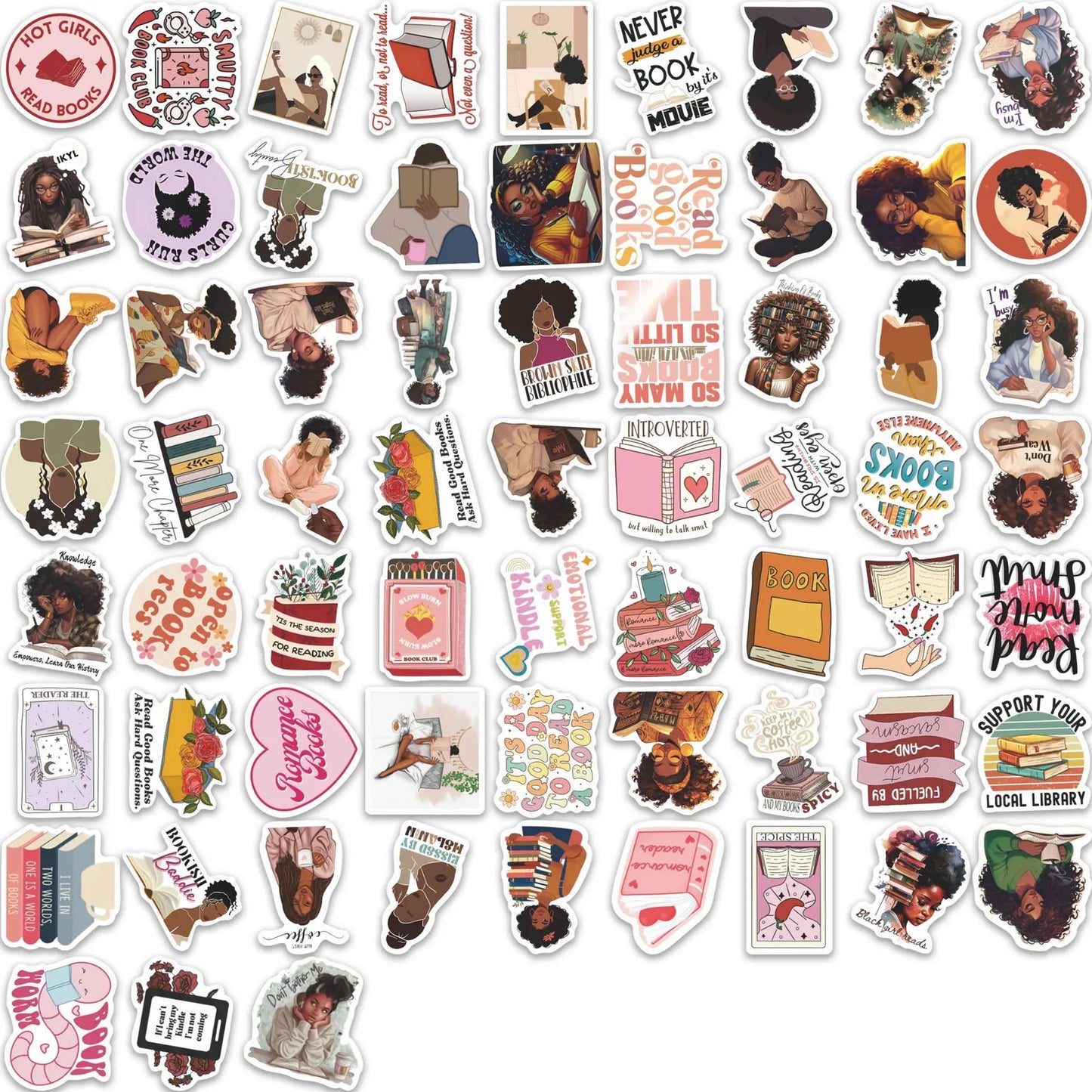 60pcs/set popular cross-border stickers of Black girls reading, waterproof decorative stickers