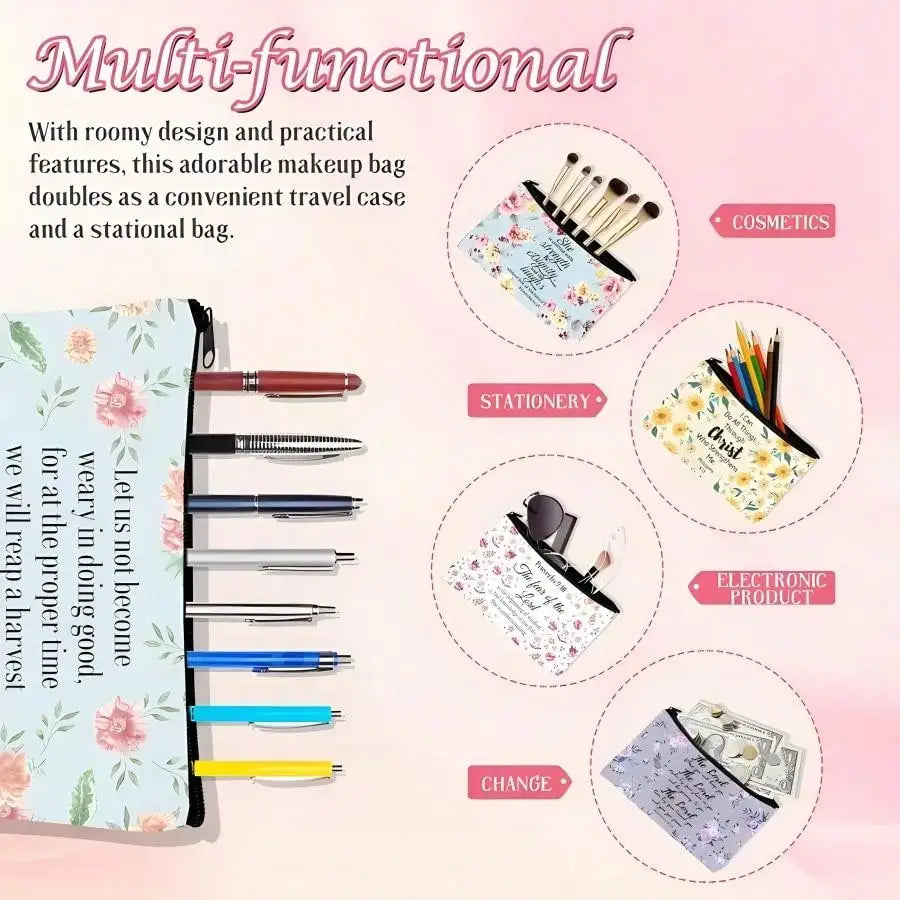 10 Pcs Christian Makeup Bag Bible Pencil Pouch Bible Cover Floral Cosmetic Bags Set Christian Inspirational Religious Gifts Stud