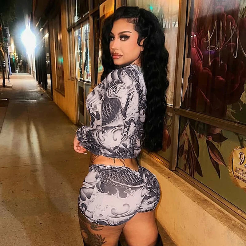 CUTENOVA Fall Women'S Sheer Patterned Print Set Zip-Up Crew Neck Long-Sleeve Top & Pleated Shorts Set Female Chic Streetwear