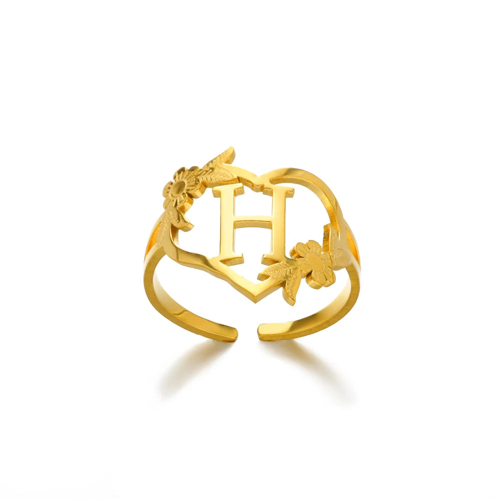 Stainless Steel Gold Color Heart A-Z Letter Rings For Women Anillos Mujer Love Open Initials Name Alphabet Ring Jewelry Gift