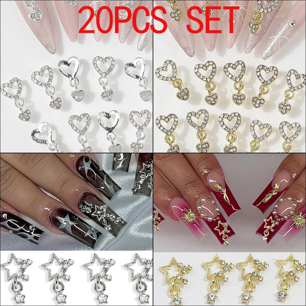 Nail Charms,10/20Pcs Heart Star Charms for Nails, Silvery Golden Nail Dangle Charms for Nail Bling, Crafting Dangling Charms