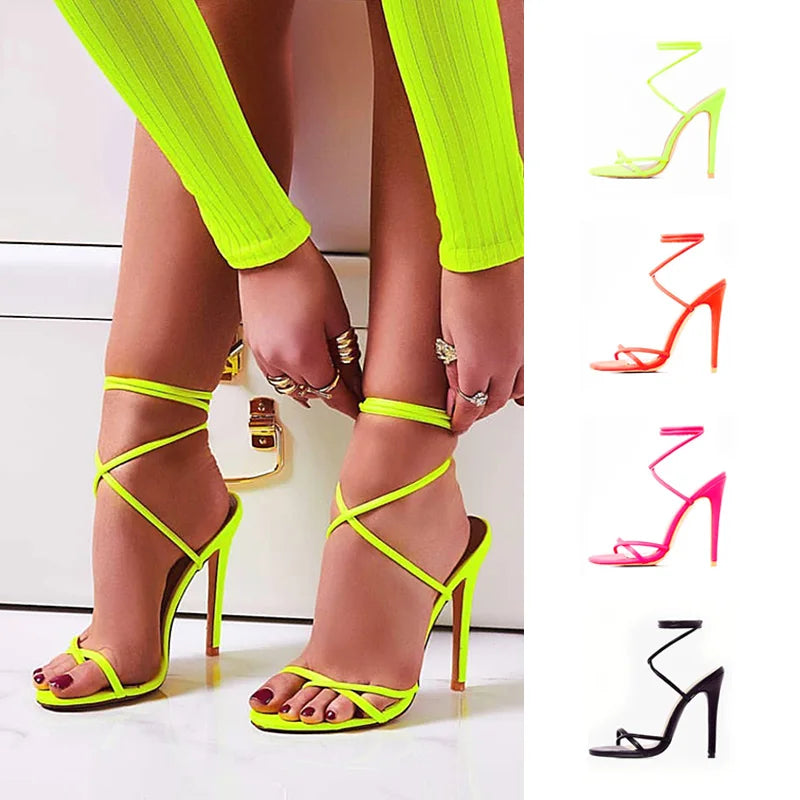 European Summer Sandals Candy Color Point Toe Lace Ankle Strap Party High Heels Pumps 11.5cm High Thin Heel Sandals Lady