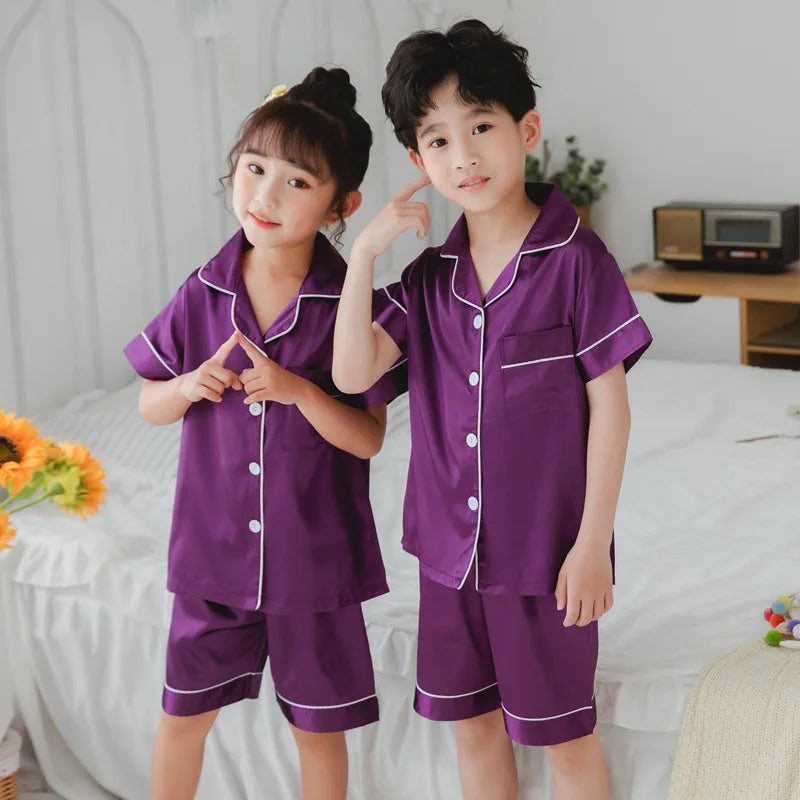 Children's Clothing Teen Girl Pink Satin Pajamas Long Sleeve Kids Homewear Clothes Boys Solid Nightshirt Silk Pijamas Baby Pjs