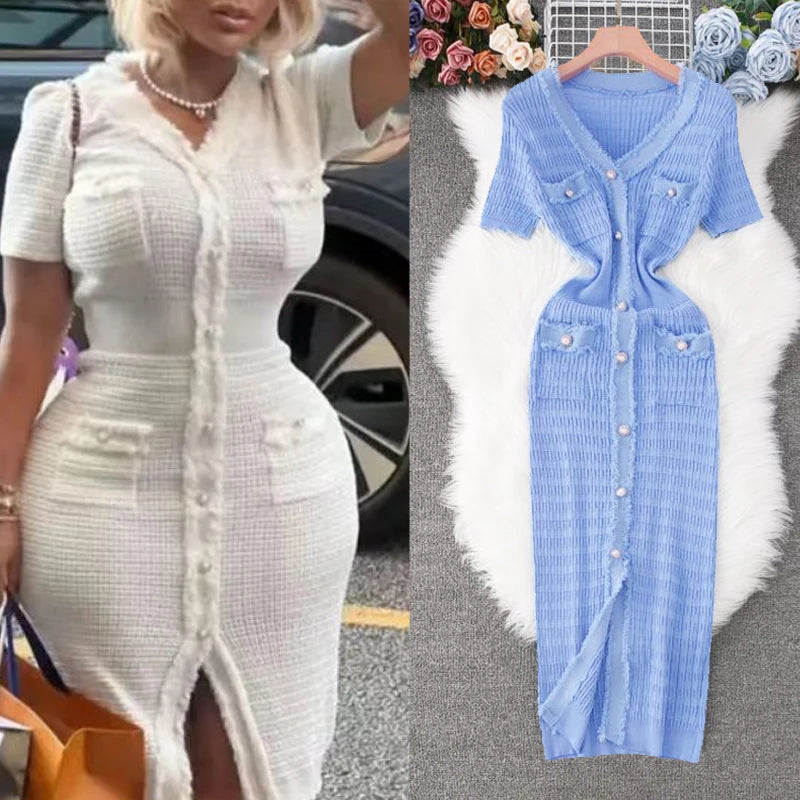 2025 New Arrival Women Knitted Long Dress Elegant V-neck Single-breasted Split Sweater Dress Office Lady Vestidos