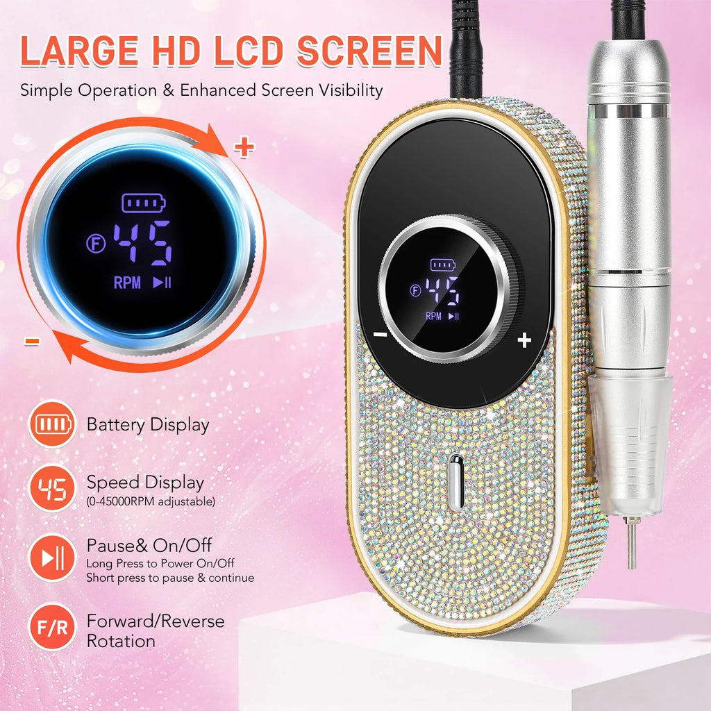 DianaBeauty 45000RPM Electric Nail Drill Machine Rechargeable Nail Polisher with Rhinestone Portable Nail File for Manicure
