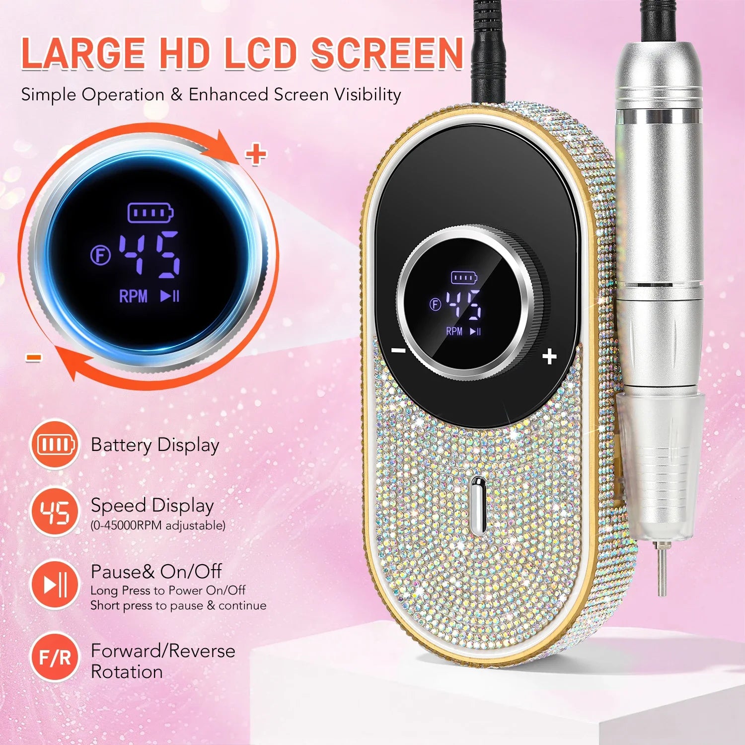 DianaBeauty 45000RPM Electric Nail Drill Machine Rechargeable Nail Polisher with Rhinestone Portable Nail File for Manicure