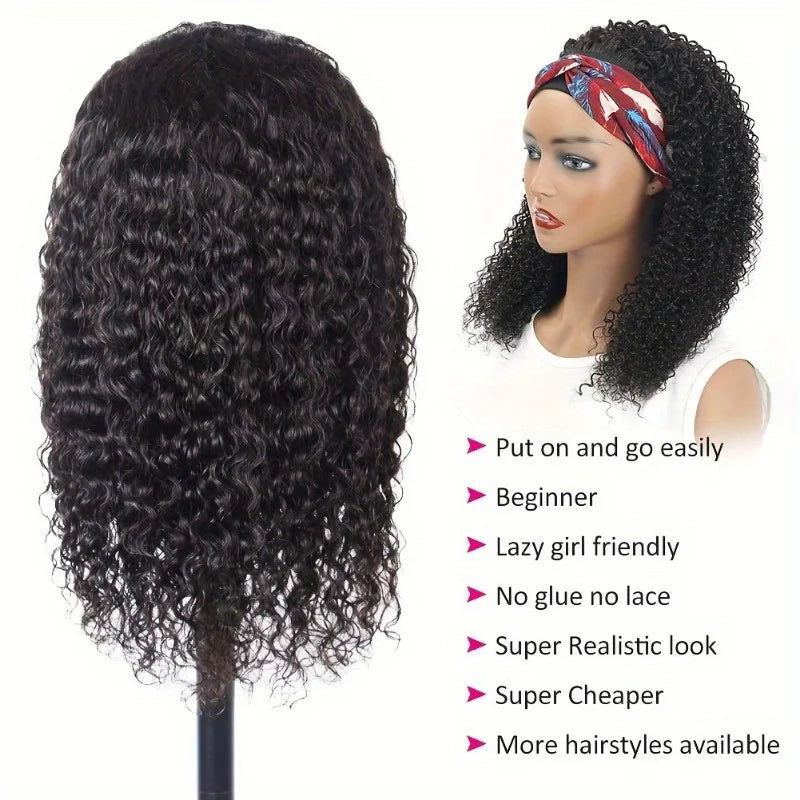 200% Density Human Hair Wig Short Headband Bob Wig Natural Black Short Curly Bob Cut Glueless Kinky Curly Headband Wig