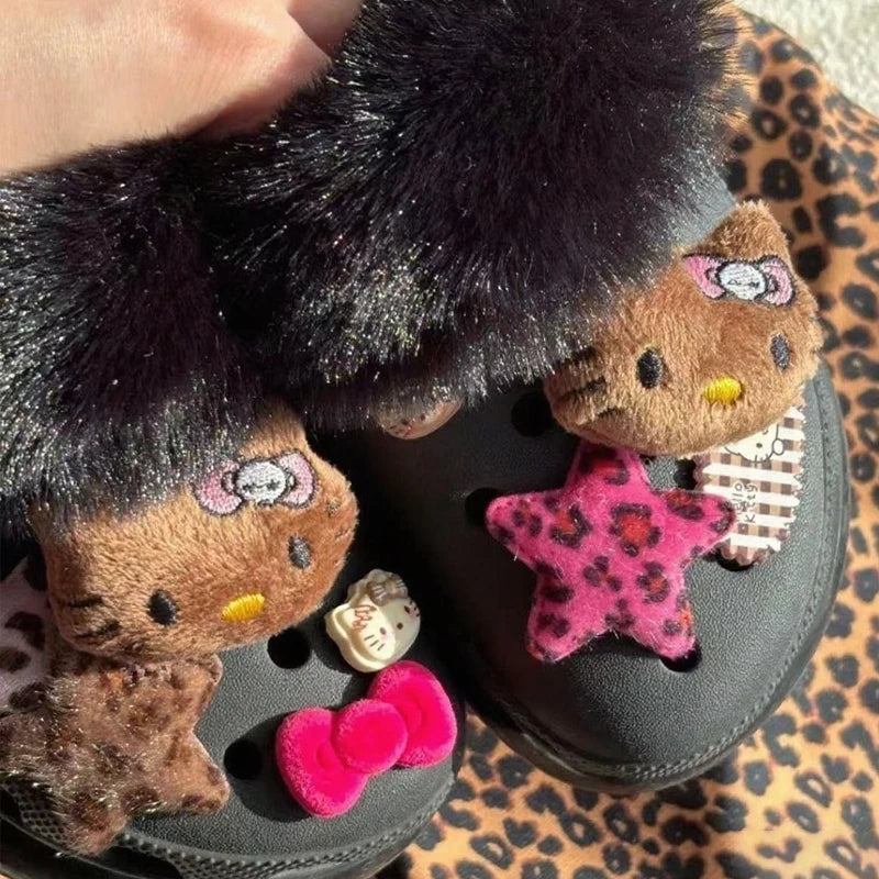 Y2k Leopard Print Star Bow Hello Kitty Hole Shoes Accessories Decoration Kawaii Japanese Cute Hello Kitty Shoe Flower Set  Gift