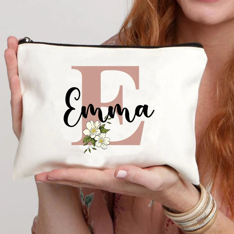 Floral Letters Custom Name Makeup Bag Best Gift for Bridesmaid Teachers Friends Women Purse Personalise Gift for Birthday
