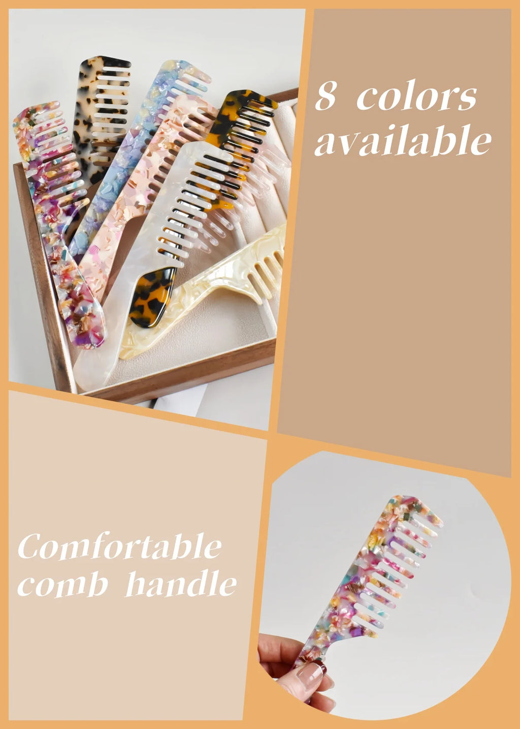 1PC Women's Multicolor acetate Long handle Wide Teeth Smooth comb Portable comb Comfortable handle Holiday gift casual