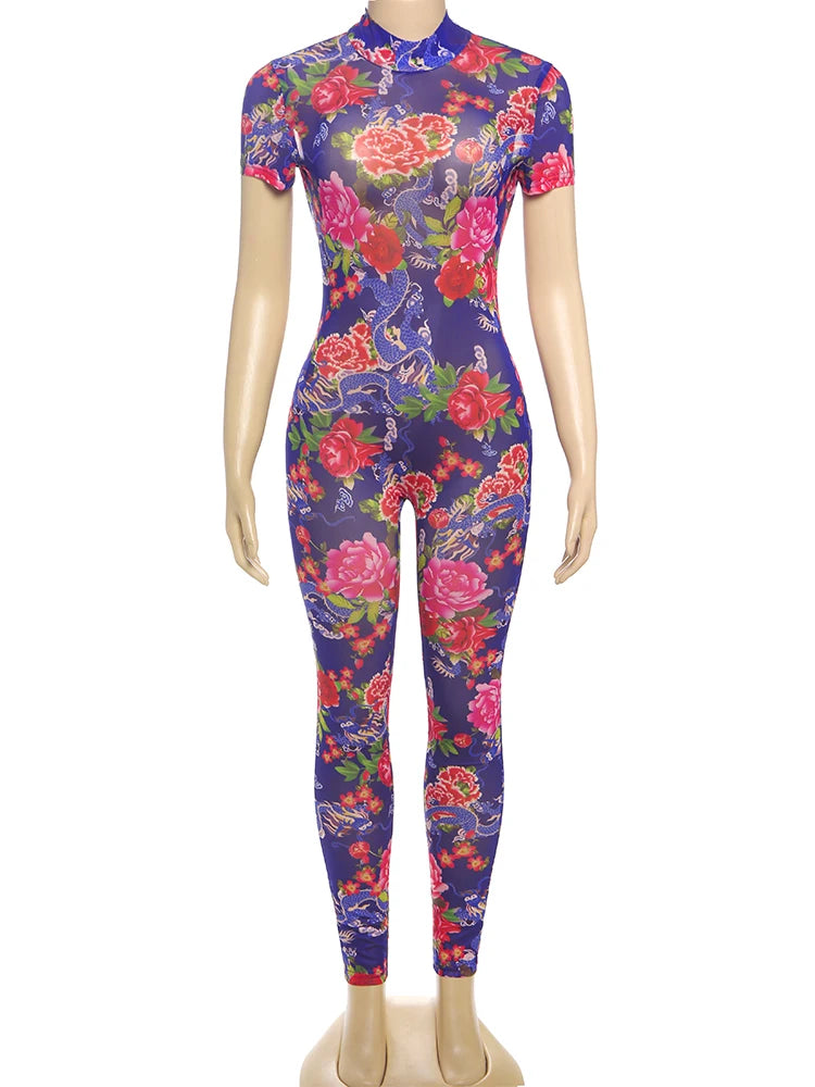 kliou Aesthetic Printed Women Jumpsuits Fashion Sexy Panelled Short Sleeve Backless Stand Collar Slim Overalls Mujer Clubwear
