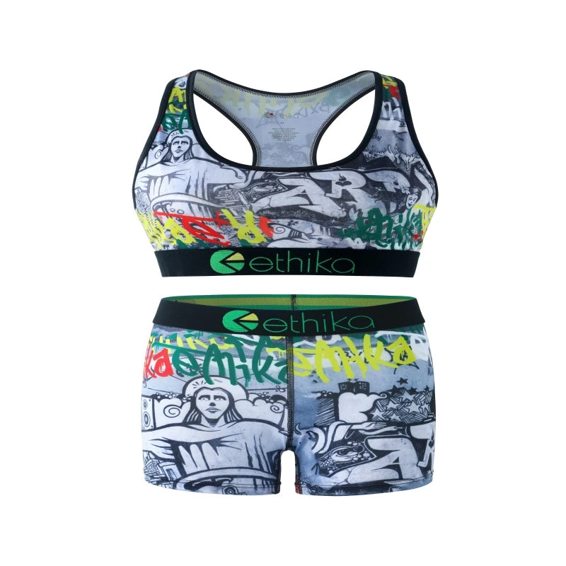 ETHIKA Sets for Woman Bra and Shorts Fashion Print Women's Swimming Fitness Boxers Short Set Plus Size Two Piece Underwear Suit