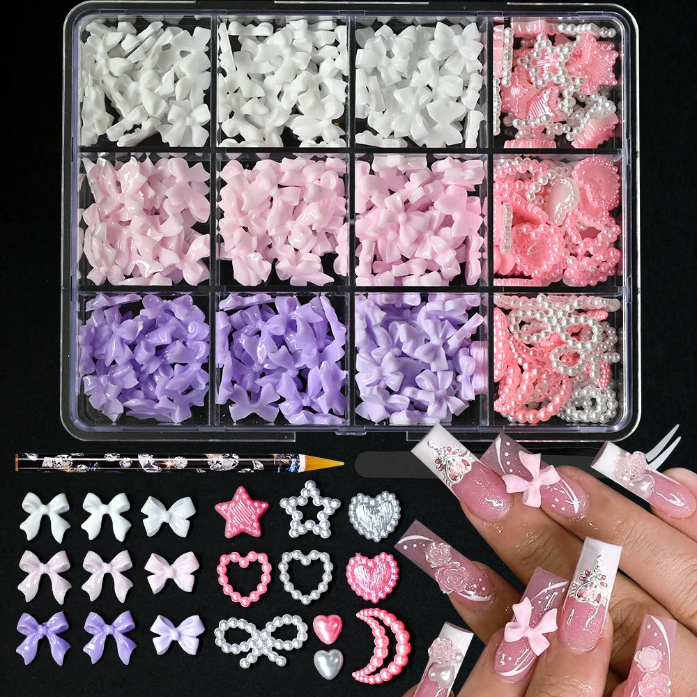 12/15Grids Acrylic Flower Nail Charms Mix Colors Set 3D Flower Nail Art Rhinestones Mixed Blossom Spring Gems DIY Nail Supplies