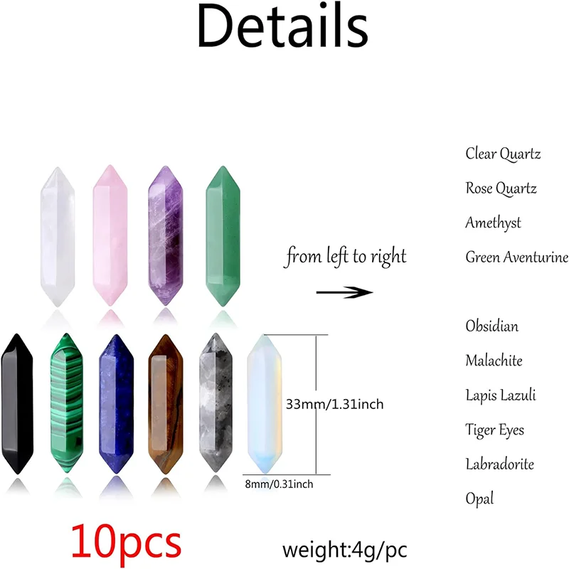 10PCS Natural Amethyst Spiritual Gem Set Hexagonal Spiritual Healing Stone Rose Quartz Crystal Wand Balance Chakra Meditation