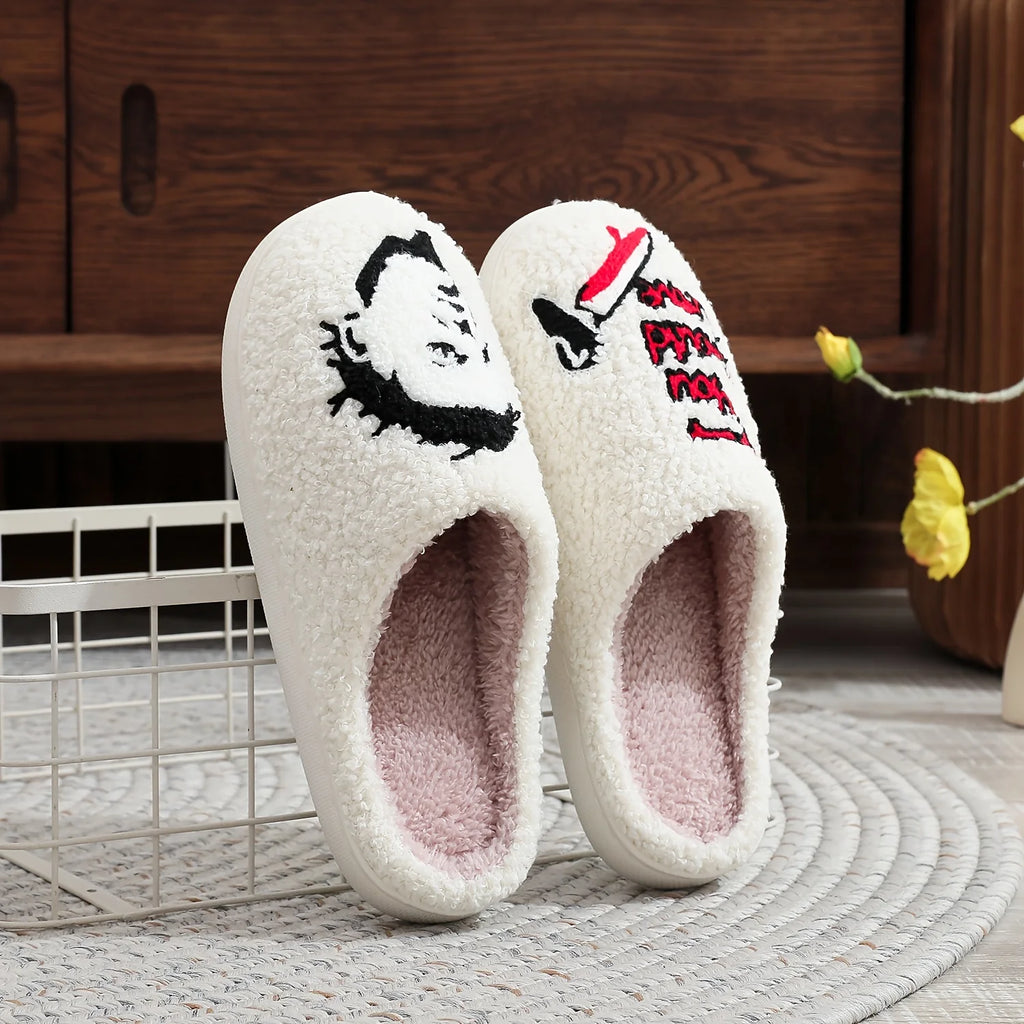Halloween-themed plush slippers, featuring open-toe design for comfort and warmth, as well as  for indoor floor slippers