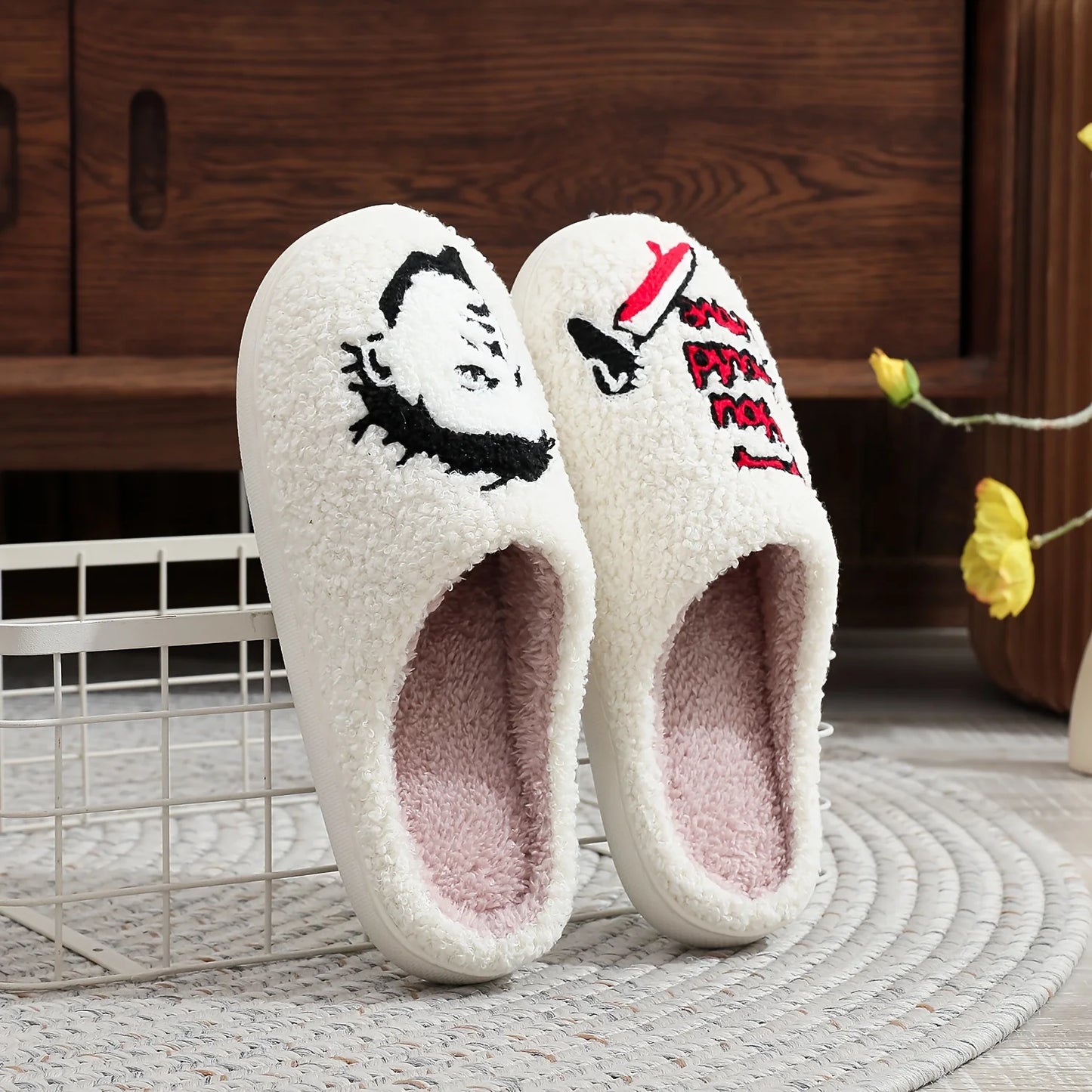 Halloween-themed plush slippers, featuring open-toe design for comfort and warmth, as well as  for indoor floor slippers