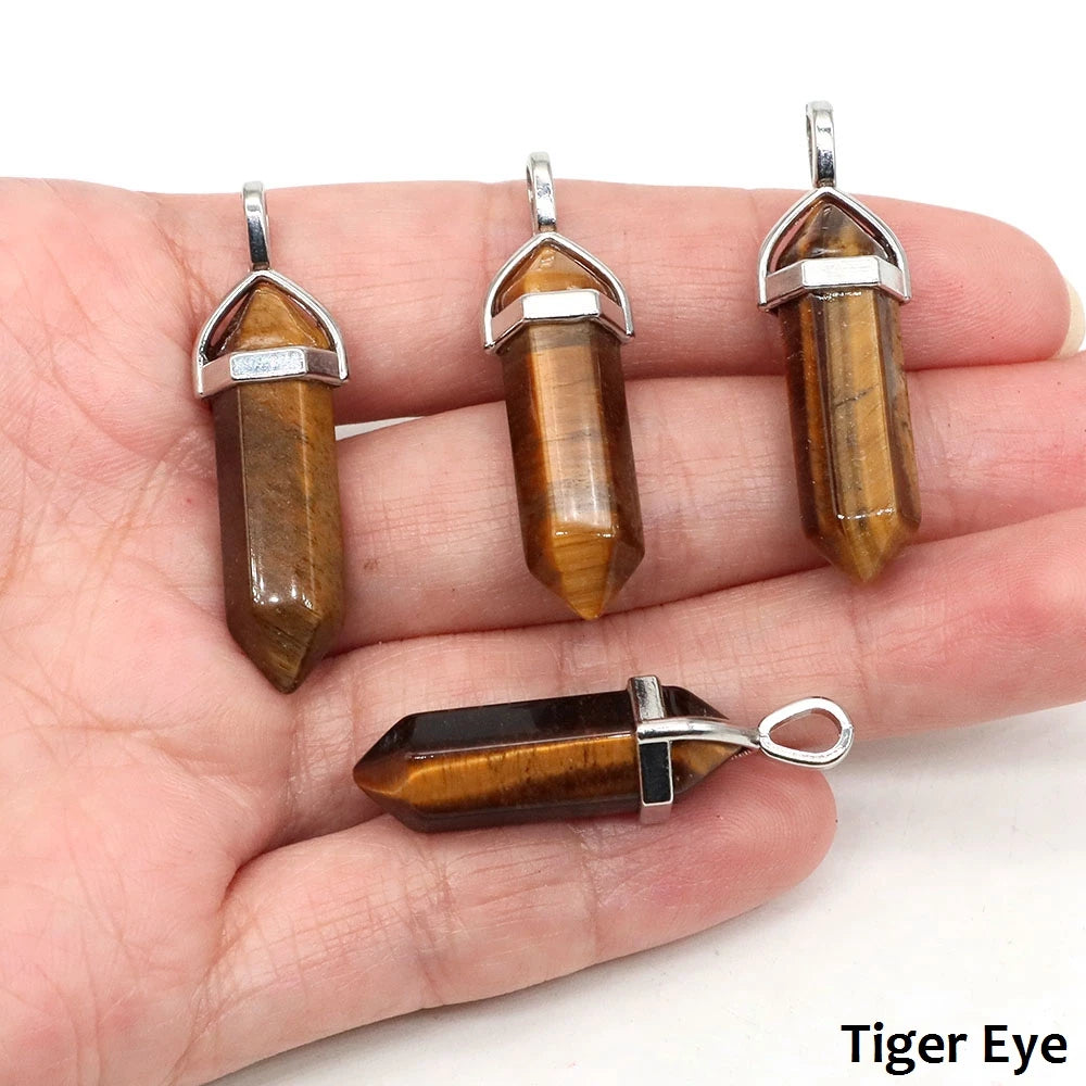 1PC Hexagonal Chakra Crystal Pendant Bullet Shape Natural Gemstone Pointed Quartz Stone Pendants for DIY Necklace Jewelry Making