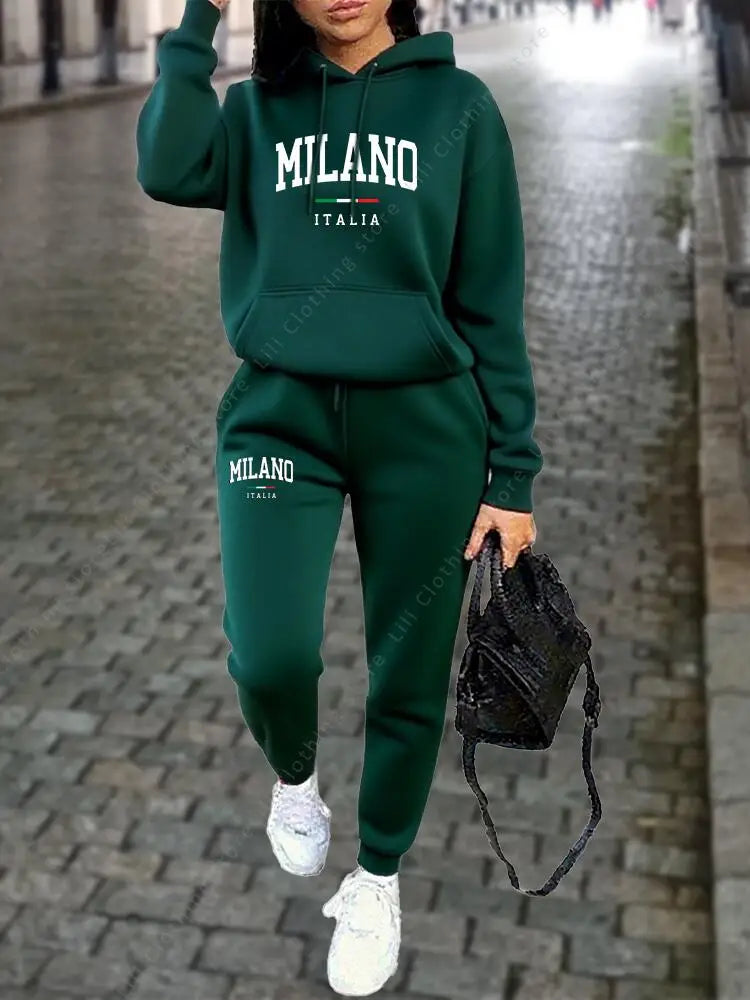 MILANO Pants Sets for Women Clothing High quality Sweatshirt Sweatpant Hoodie Suit 2 Piece Autumn Winter Outfits Woman Tracksuit