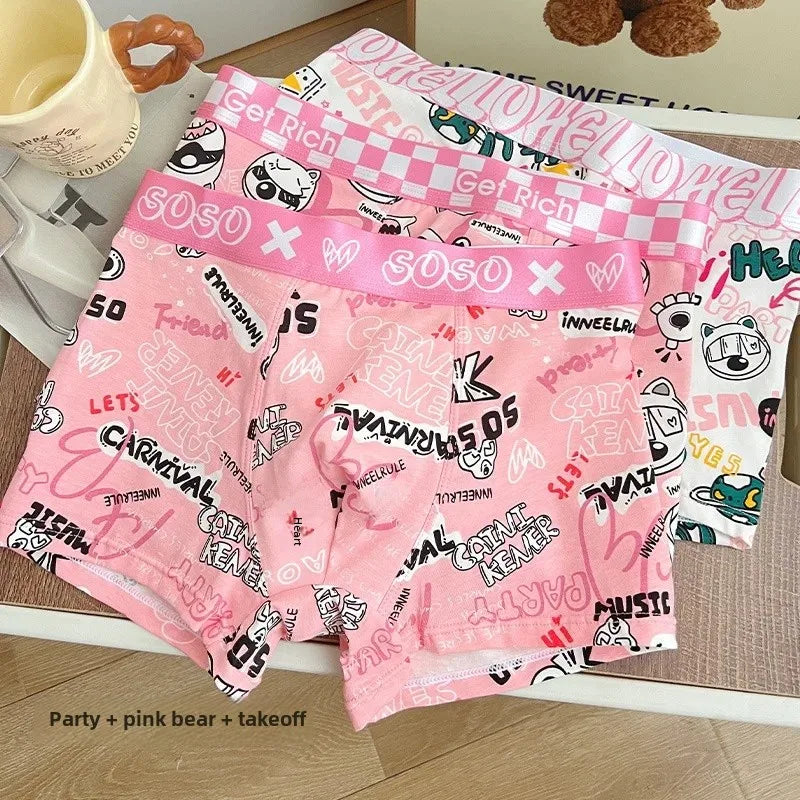 Trendy Pink Cotton Boxer Shorts for Men Cute Cartoon Design Bagged Four Corner Briefs Comfortable Breathable Men's Underwear