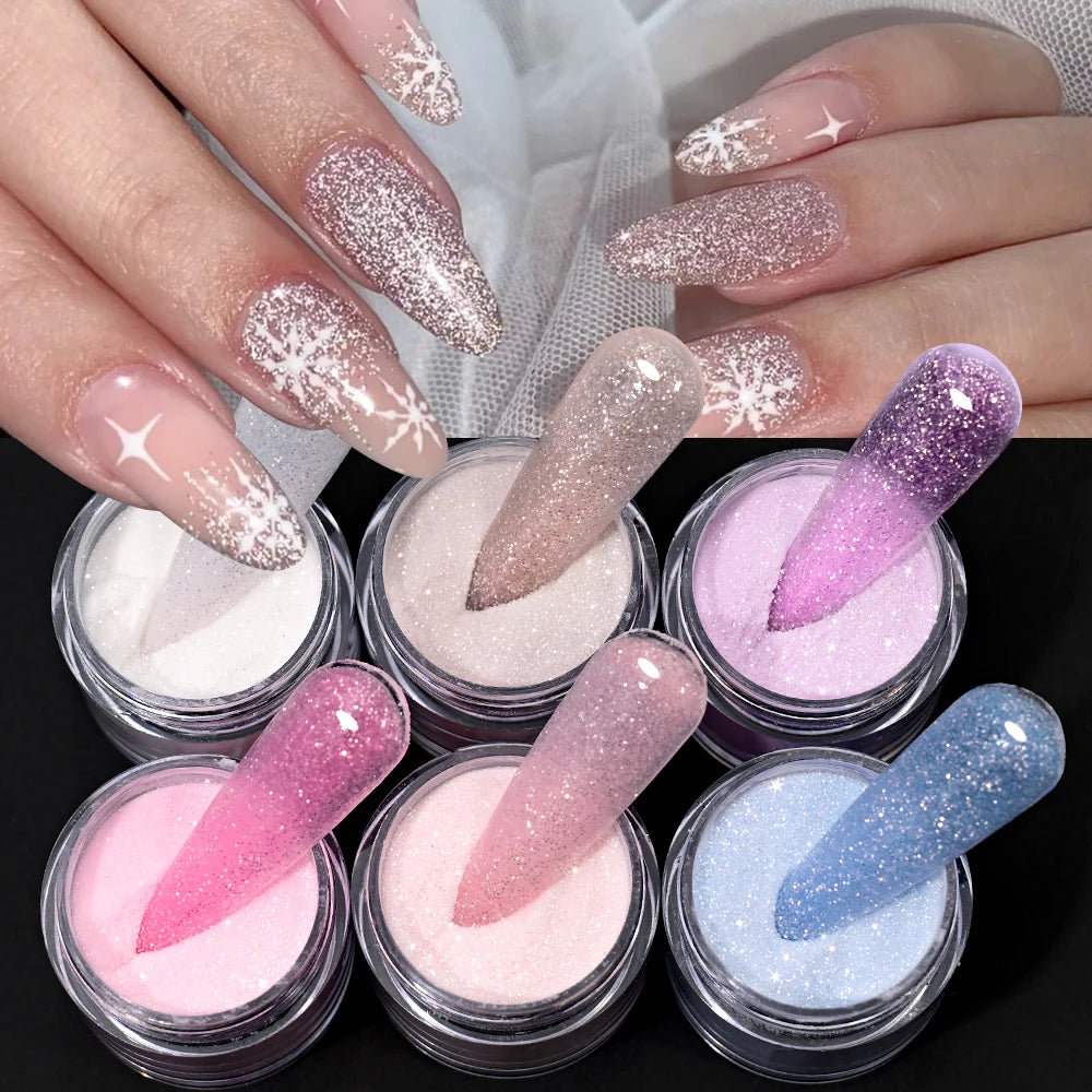 6Jars Glitter Nude Acrylic Nail Powder Set Pink Blue Glitter Acrylic Powder for Nail Extension French Manicure Nail Carving Tool