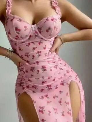 Pajamas Women's Night Dress Suspenders Rose Print Split Fork Nightgowns Slim Fit Home Wear Mesh Sleeveless Sexy Dress Sweet 5HEN